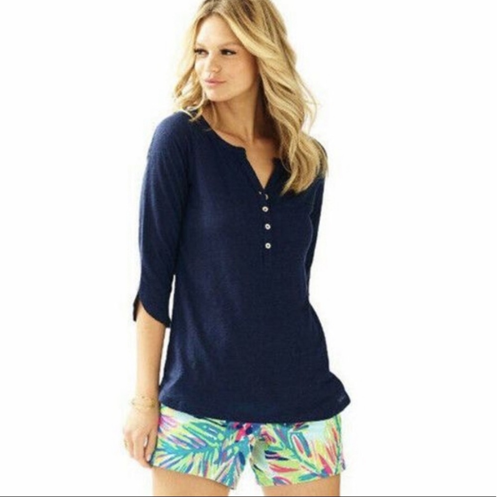 Lilly Pulitzer Navy Blue Egret 3/4 Sleeve Linen Henley